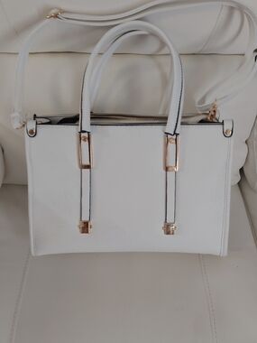 Structured White Leatherette Satchel with Gold Accents - Women Bags